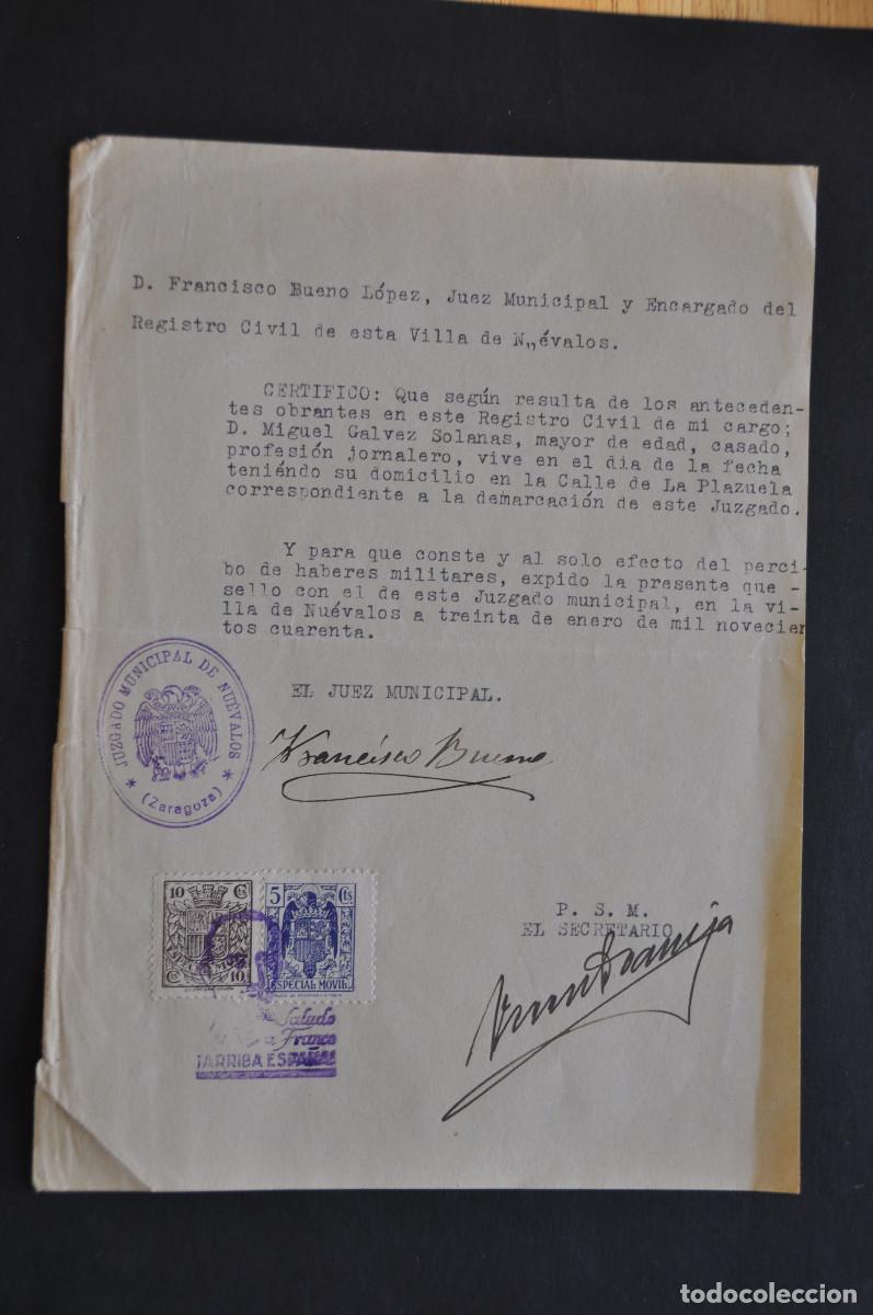Documentos antiguos: DOCUMENTO CERTIFICADO DEL JUZGADO MUNICIPAL DE NU&Eacute;VALOS (ZARAGOZA)