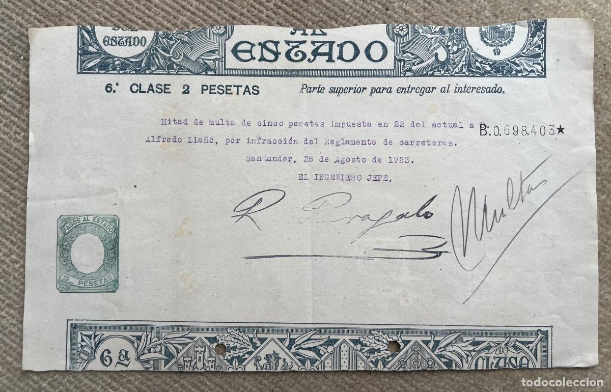 Documentos antiguos: Pago de 5 pesetas mitad de Multa por infracci&oacute;n reglamento carreteras - Santander, 1923