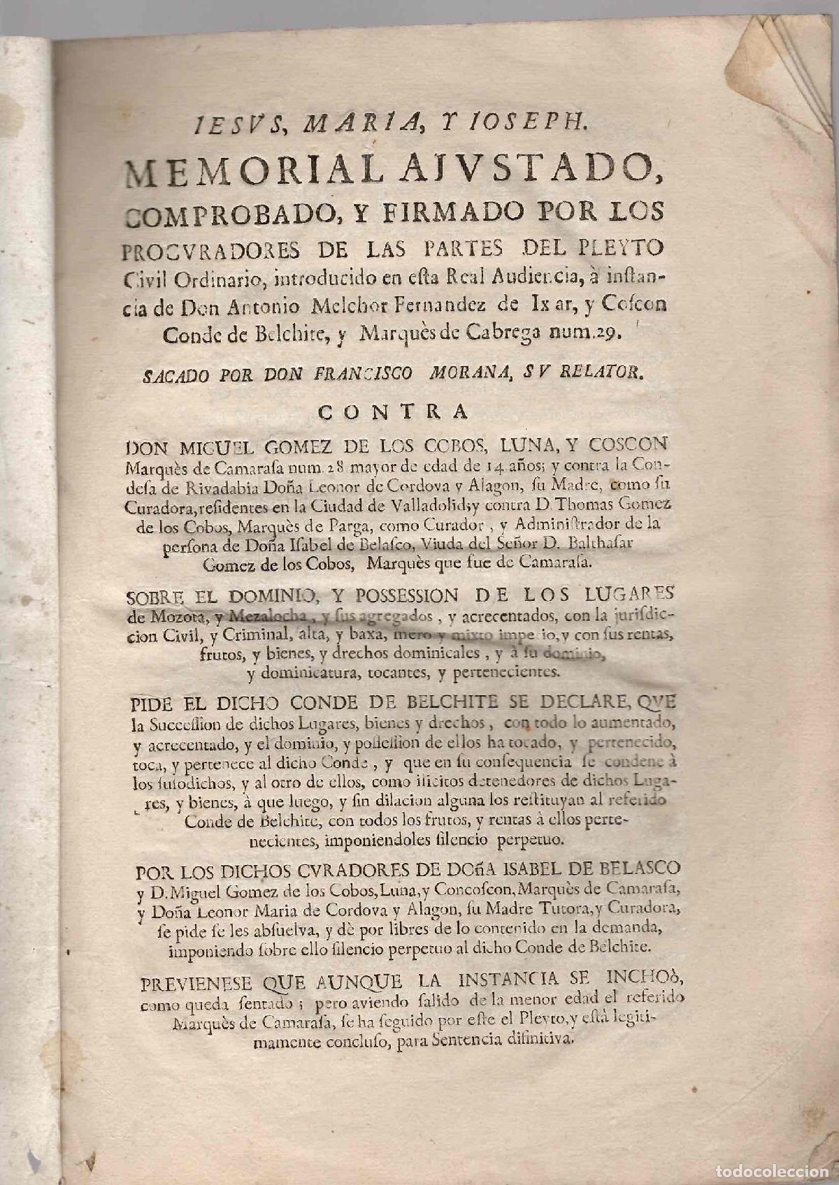 Documentos antiguos: MEMORIAL AJUSTADO EN EL PLEITO A INSTANCIA DE ANTONIO MELCHOR FERNANDEZ DE IXAR. ARAGON S.XVIII
