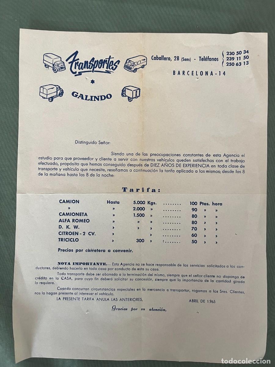 Documentos antiguos: TRANSPORTES GALINDO - BARCELONA - TARIFA PRECIOS 1965