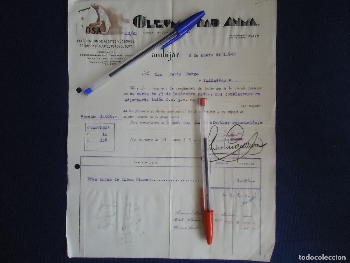 Documentos antiguos: factura osa aceite jabon oleum andujar jaen andalucia olivo aceituna torredonjimeno martos andaluz