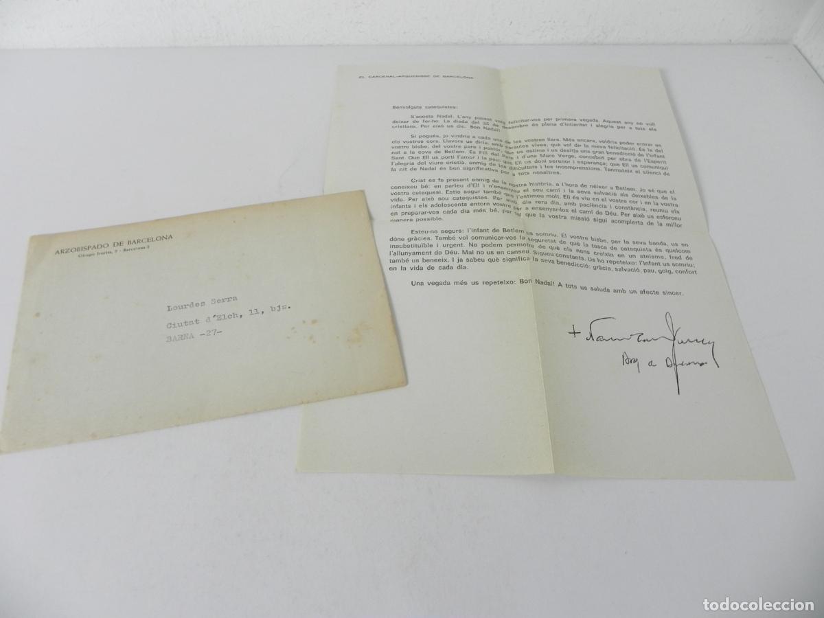 Documentos antiguos: Carta Felicitaci&oacute;n Navidad Arzobispado Barcelona - Cardenal Narciso Jubany a Catequista + Sobre Org