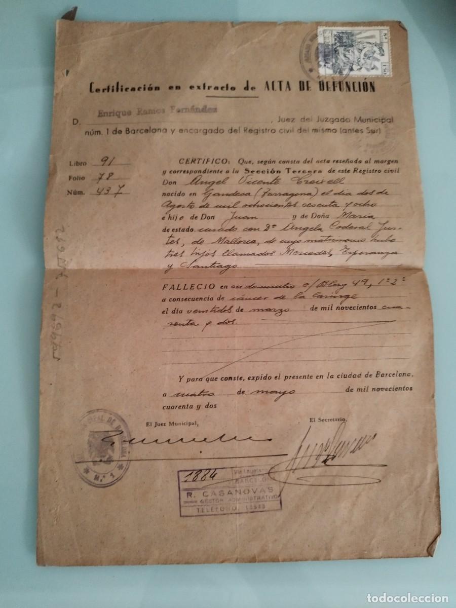 Documentos antiguos: Antiguo documento extracto de acta de defunci&oacute;n. Agosto 1868, marzo 1942. Gandesa, Tarragona.