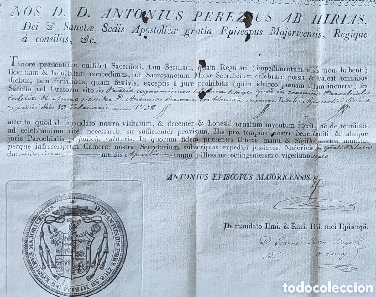 Documentos antiguos: Documento. Licencia. Episcopal. Misa. Di&oacute;cesis. Mallorca. Obispo. Antonio P&eacute;rez Hirias. Oratorio
