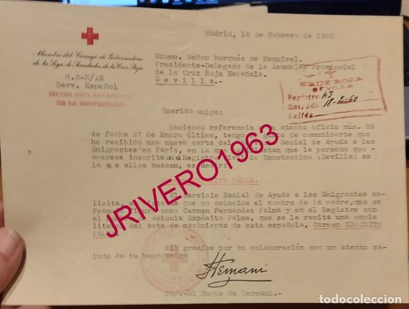 Documentos antiguos: MADRID, 1960, CRUZ ROJA, SERVICIO SOCIAL A LOS EMIGRANTES EN PARIS, FIRMA DUQUE DE HERNANI