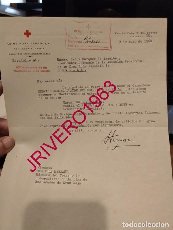 Documentos antiguos: MADRID, 1960, CRUZ ROJA, INFORMACION EMIGRANTE EN PARIS. DE CONSTANTINA, FIRMA DUQUE HERNANI