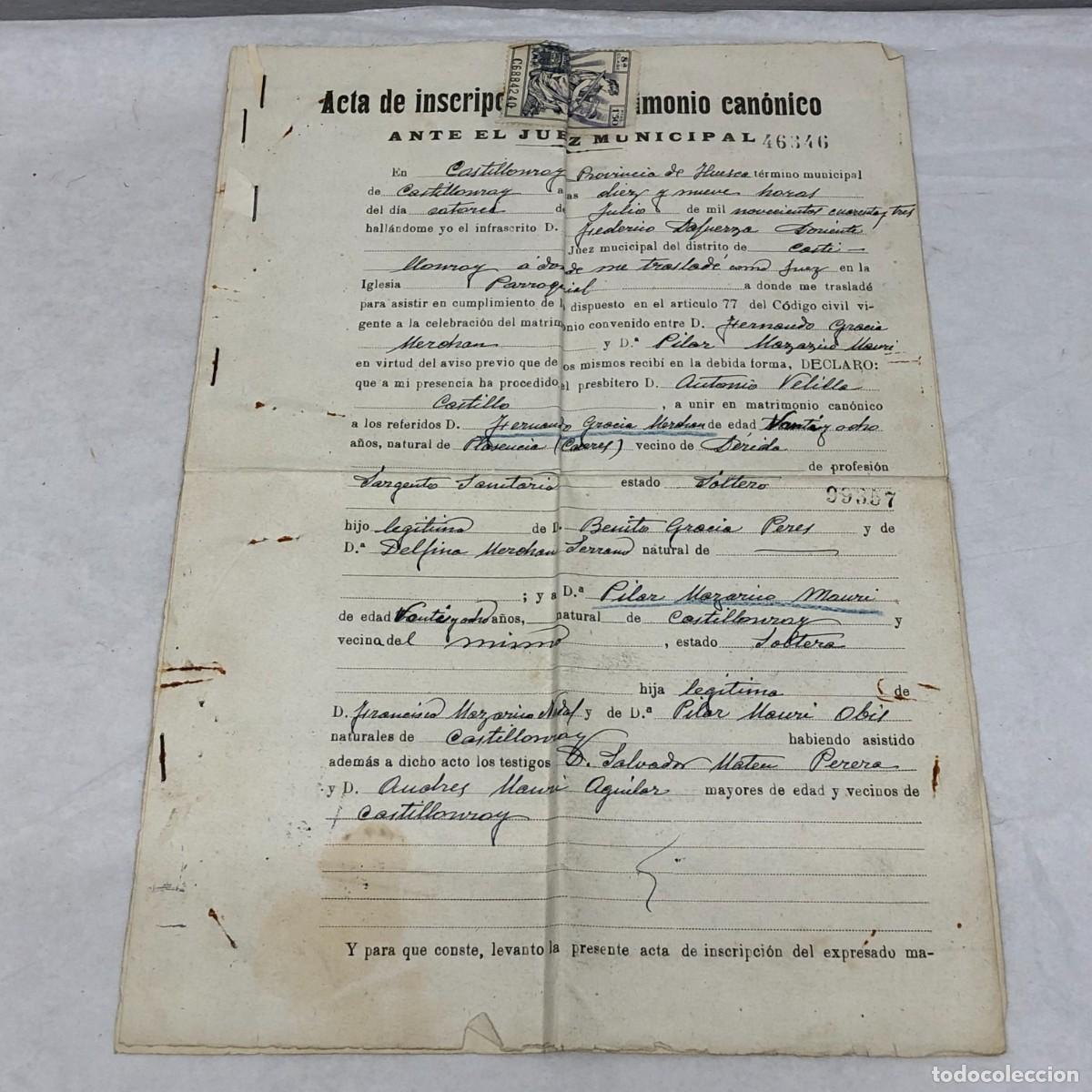 Documentos antiguos: ACTA DE INSCRIPCI&Oacute;N DE MATRIMONIO CAN&Oacute;NICO ANTE EL JUEZ MUNICIPAL - CASTILLONROY, 1943 / 1131
