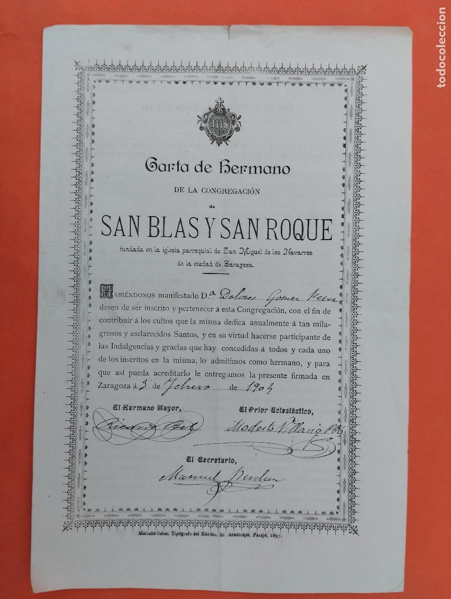 Alte Dokumente: CARTA DE HERMANO CONGREGACION SAN BLAS Y SAN ROQUE IGLESIA SAN MIGUEL ZARAGOZA A&Ntilde;O 1904