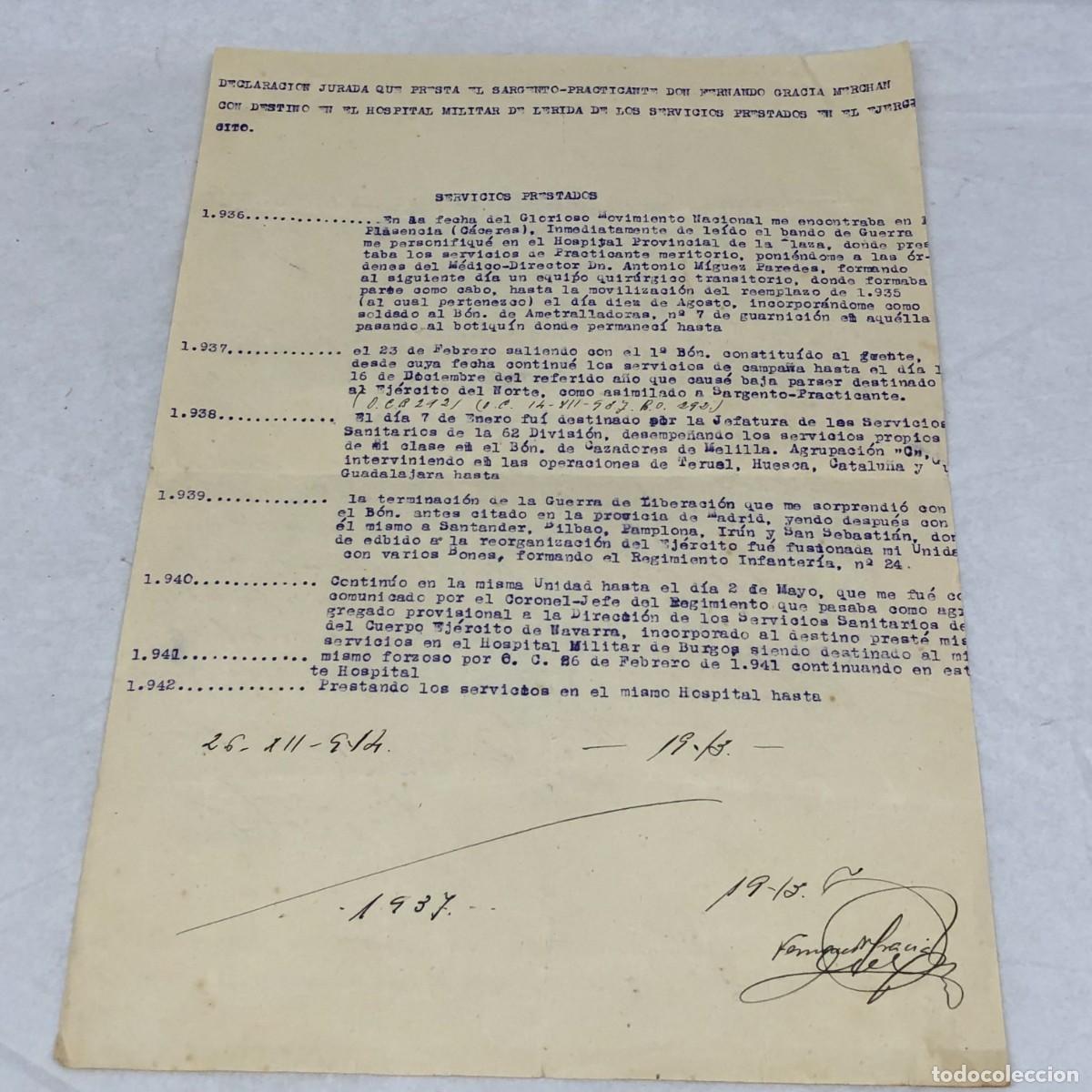 Documentos antiguos: DECLARACION JURADA - SERVICIOS PRESTADOS - HOSPITAL MILITAR DE LERIDA - 1942 / 1138