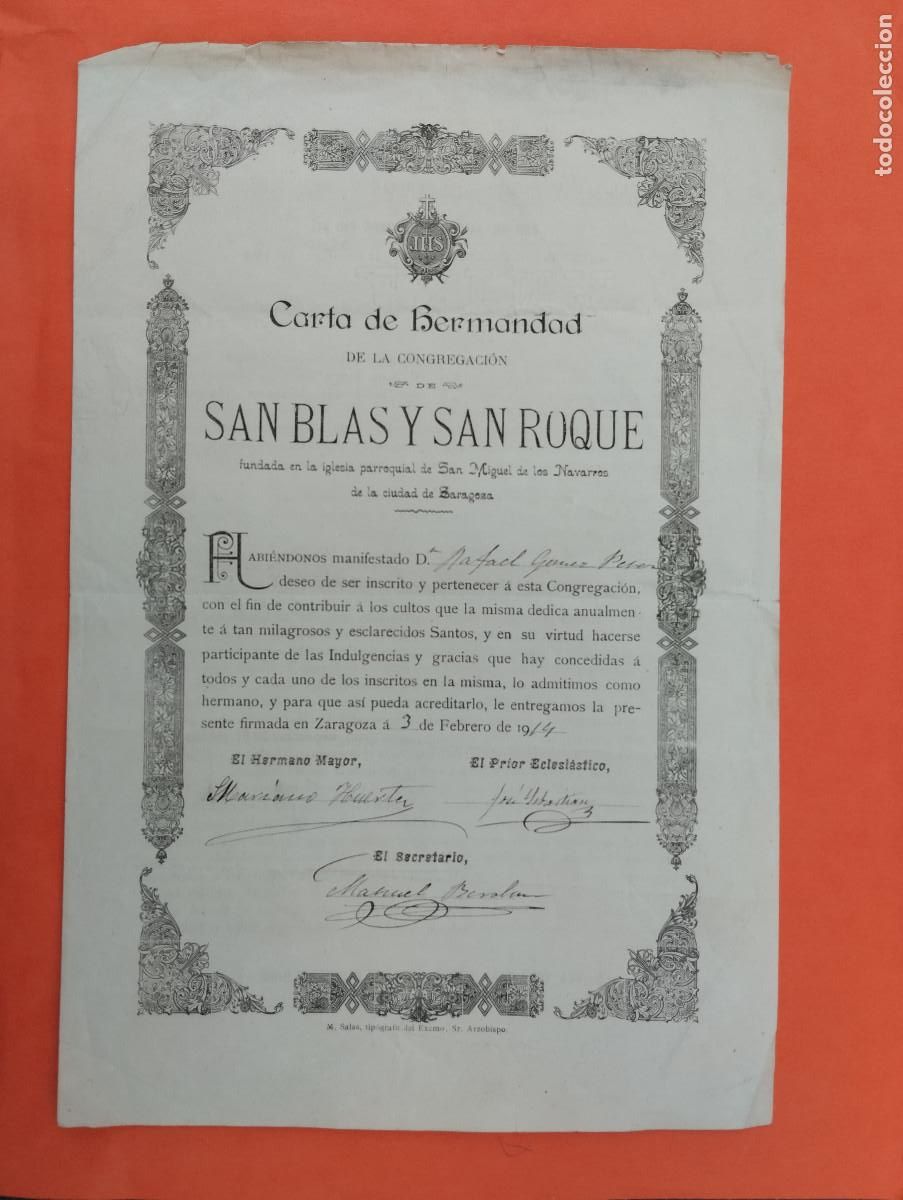 Alte Dokumente: CARTA DE HERMANDAD CONGREGACION SAN BLAS Y SAN ROQUE IGLESIA SAN MIGUEL ZARAGOZA A&Ntilde;O 1914