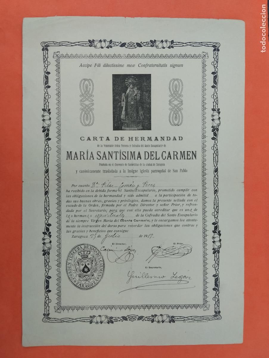 Alte Dokumente: CARTA DE HERMANDAD MARIA SANTISIMA DEL CARMEN IGLESIA SAN PABLO ZARAGOZA A&Ntilde;O 1917
