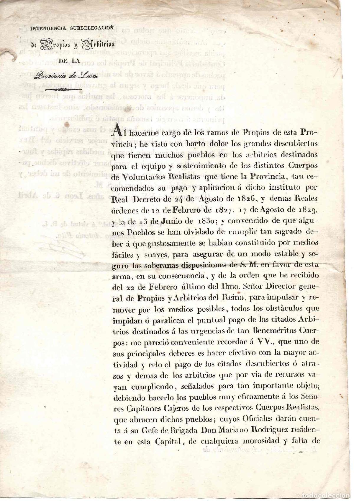 Documentos antiguos: LEON. CIRCULAR RECORDANDO EL PUNTUAL PAGO DE ARBITRIOS PARA SOSTENIMIENTO DE VOLUNTARIOS REALISTAS