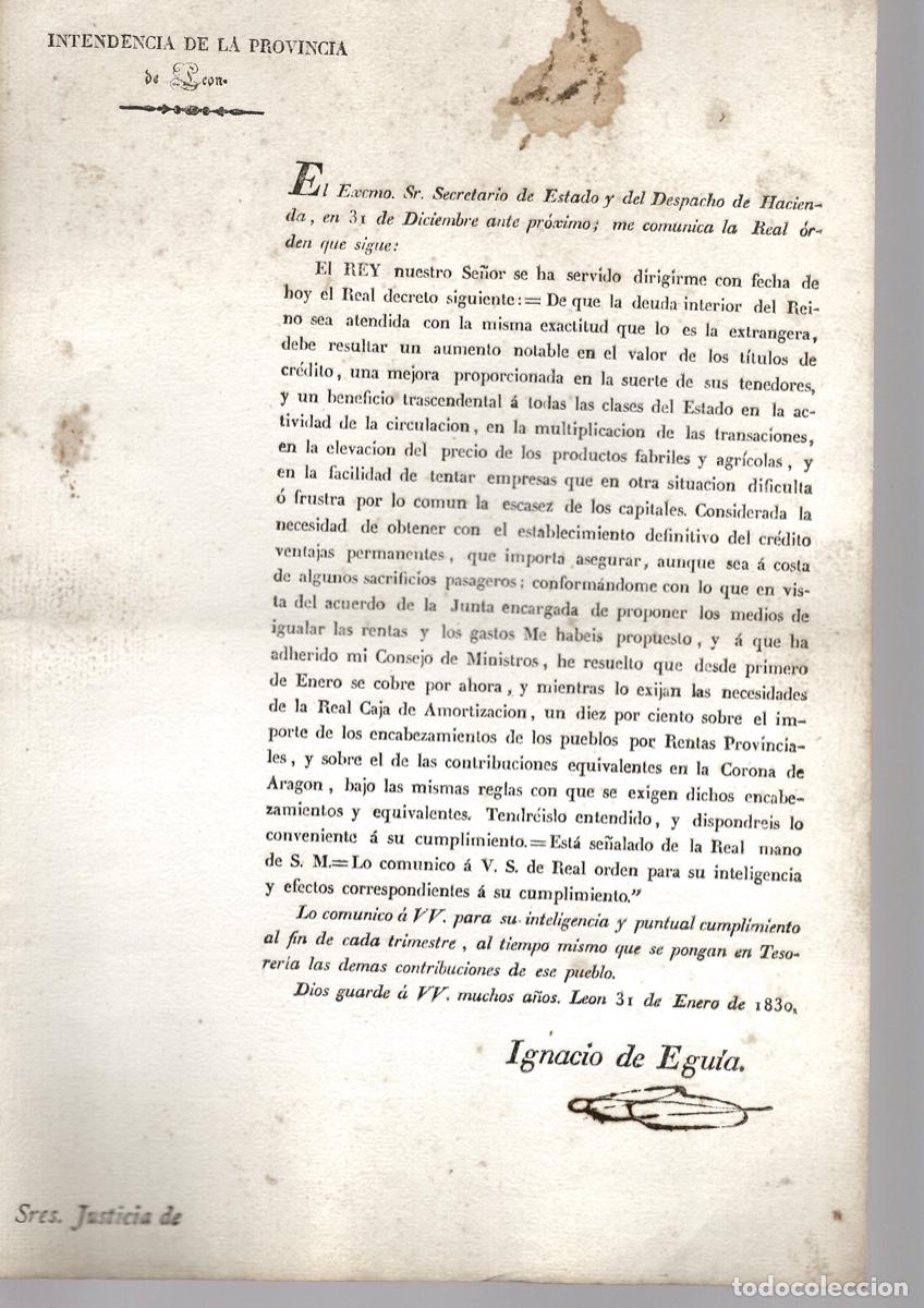Documentos antiguos: INTENDENCIA LEON. REAL ORDEN SOBRE COBRO DEL 10% DE RENTAS PROVINCIALES. A&Ntilde;O 1830