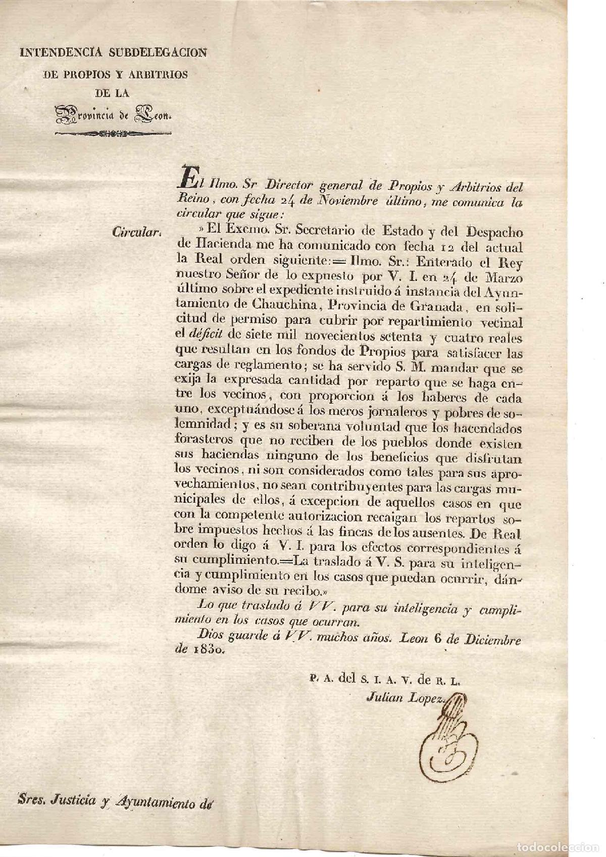 Documentos antiguos: INTENDENCIA LEON. ACUERDO SOBRE CUOTA DE REPARTIMIENTO VECINAL EXCEPTO JORNALEROS Y POBRES