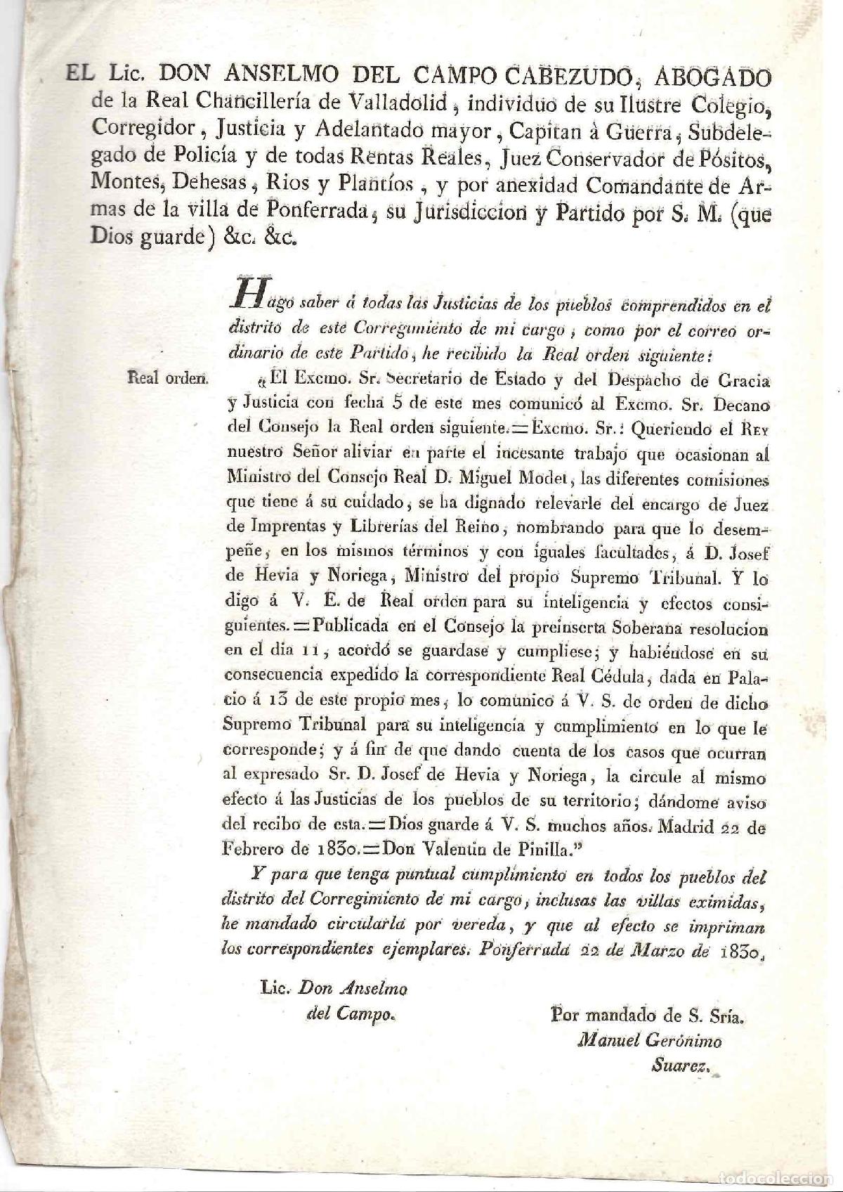 Documentos antiguos: REAL ORDEN NOMBRANDO A JOSEF DE HEVIA Y NORIEGA, JUEZ DE IMPRENTAS Y LIBRERIAS DEL REINO 1830