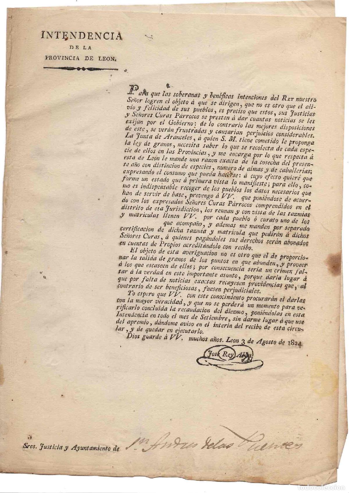 Documentos antiguos: INTENDENCIA LEON. REAL ORDEN SOLICITANDO RELACION DE COSECHA CON ESPECIES, N&ordm; DE ALMAS Y CABALLERIAS