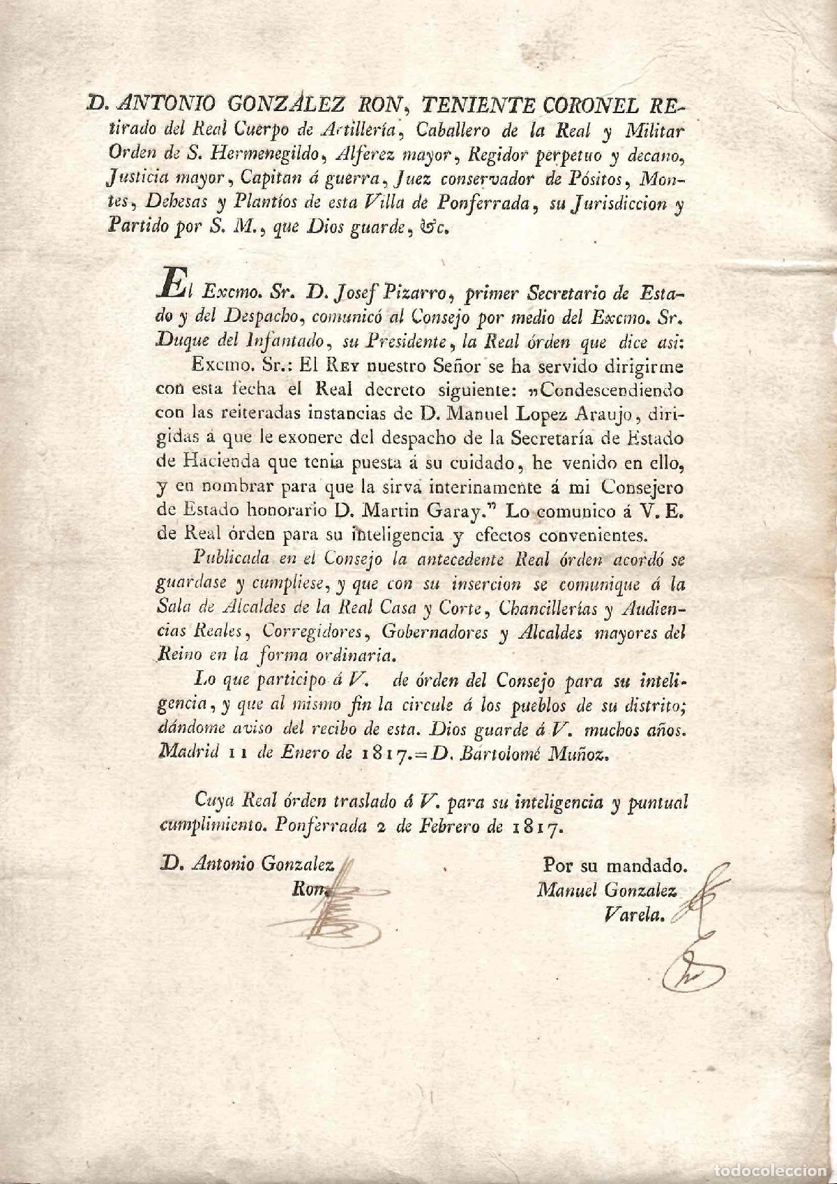 Documentos antiguos: PONFERRADA. NOMBRAMIENTO DE MARTIN GARAY EN LA SECRETARIA DE ESTADO DE HACIENDA. A&Ntilde;O 1817