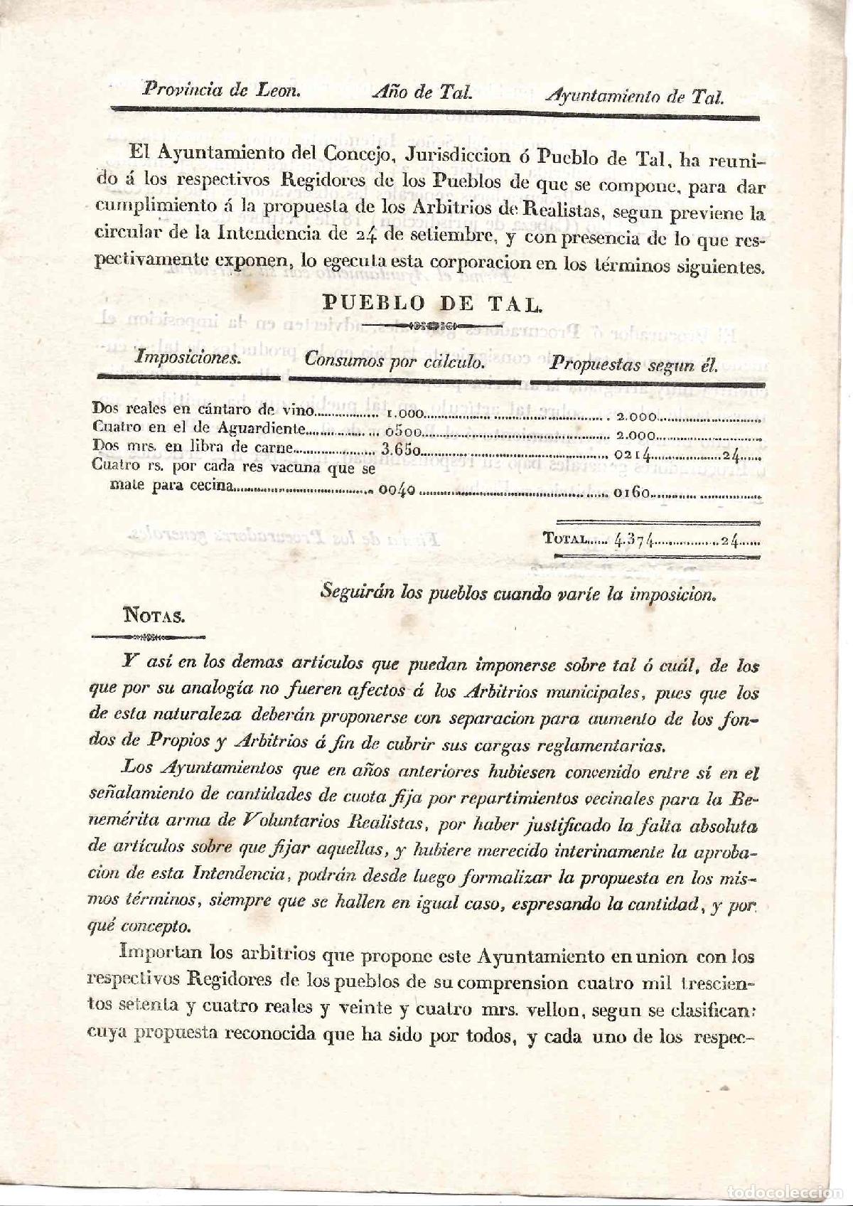 Documentos antiguos: LEON. IMPRESO MODELO PARA EJECUTAR ARBITRIOS DE REALISTAS EN AYUNTAMIENTOS, PUEBLOS... 1831