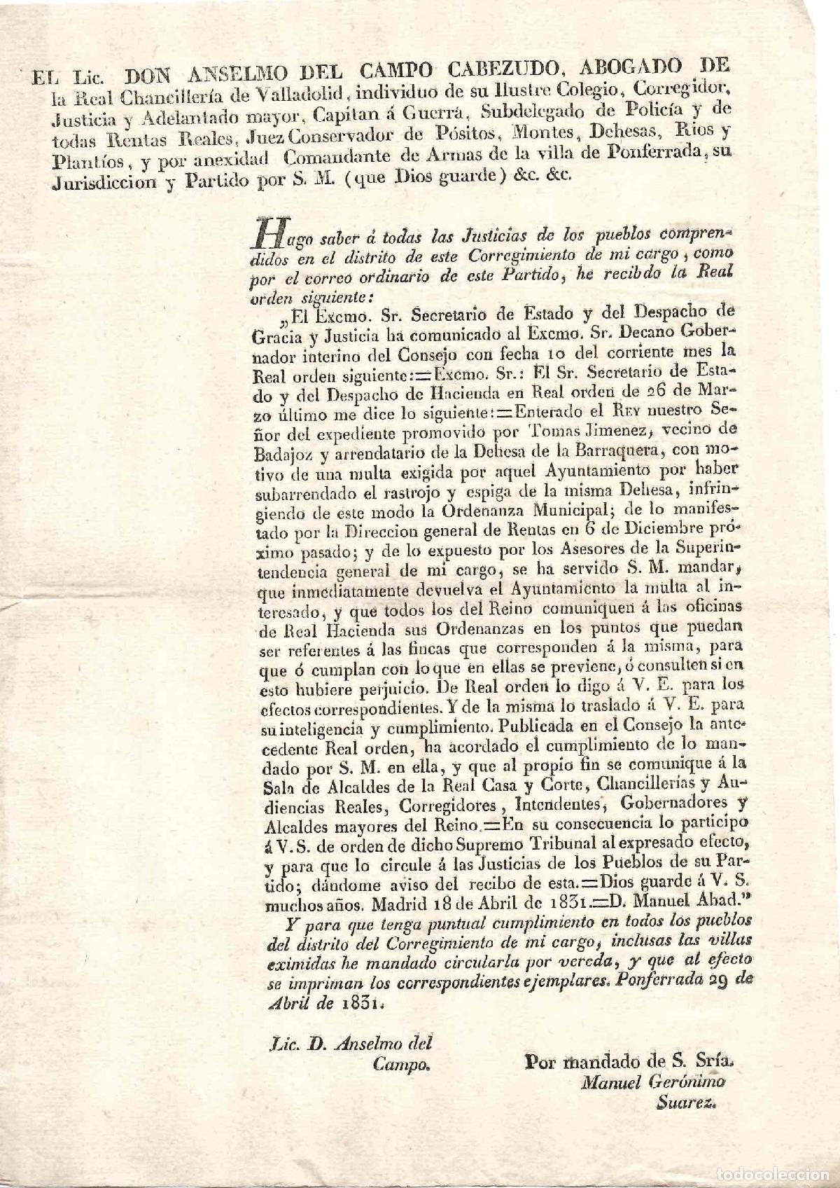 Documentos antiguos: REAL ORDEN EXIGIENDO LA DEVOLUCION DE MULTA A VECINO DE BADAJOZ POR SUBARRIENDO DE RASTROJO