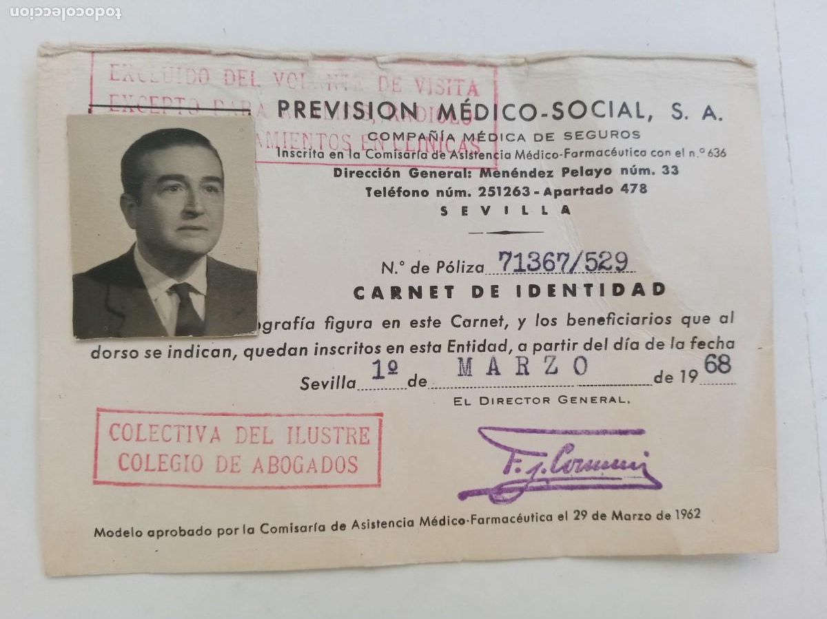 Documents Anciens: PREVISION MEDICO-SOCIAL : CARNET IDENTIDAD DE BENEFICIARIO , ABOGADO. SEVILLA 1968