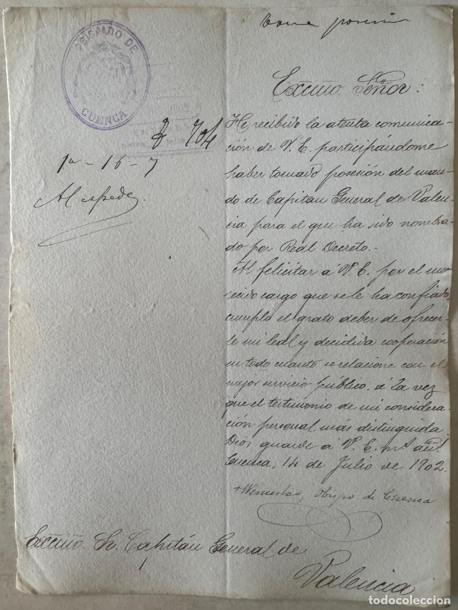 Documentos antiguos: DOCUMENTO OBISPADO DE CUENCA - FELICITACI&Oacute;N OBISPO WENCESLAO SANG&Uuml;ESA A CAPIT&Aacute;N GENERAL - A&Ntilde;O 1902