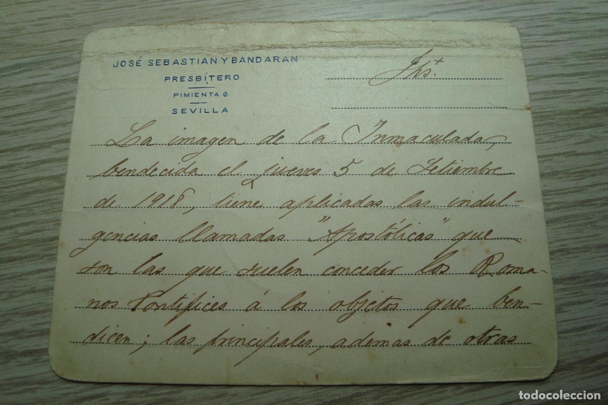 Documentos antiguos: ANTIGUA TARJETA JOSE SEBASTIAN Y BANDARAN. PRESBITERO HISTORIADOR SEVILLA 1918. BENDICION INMACULADA