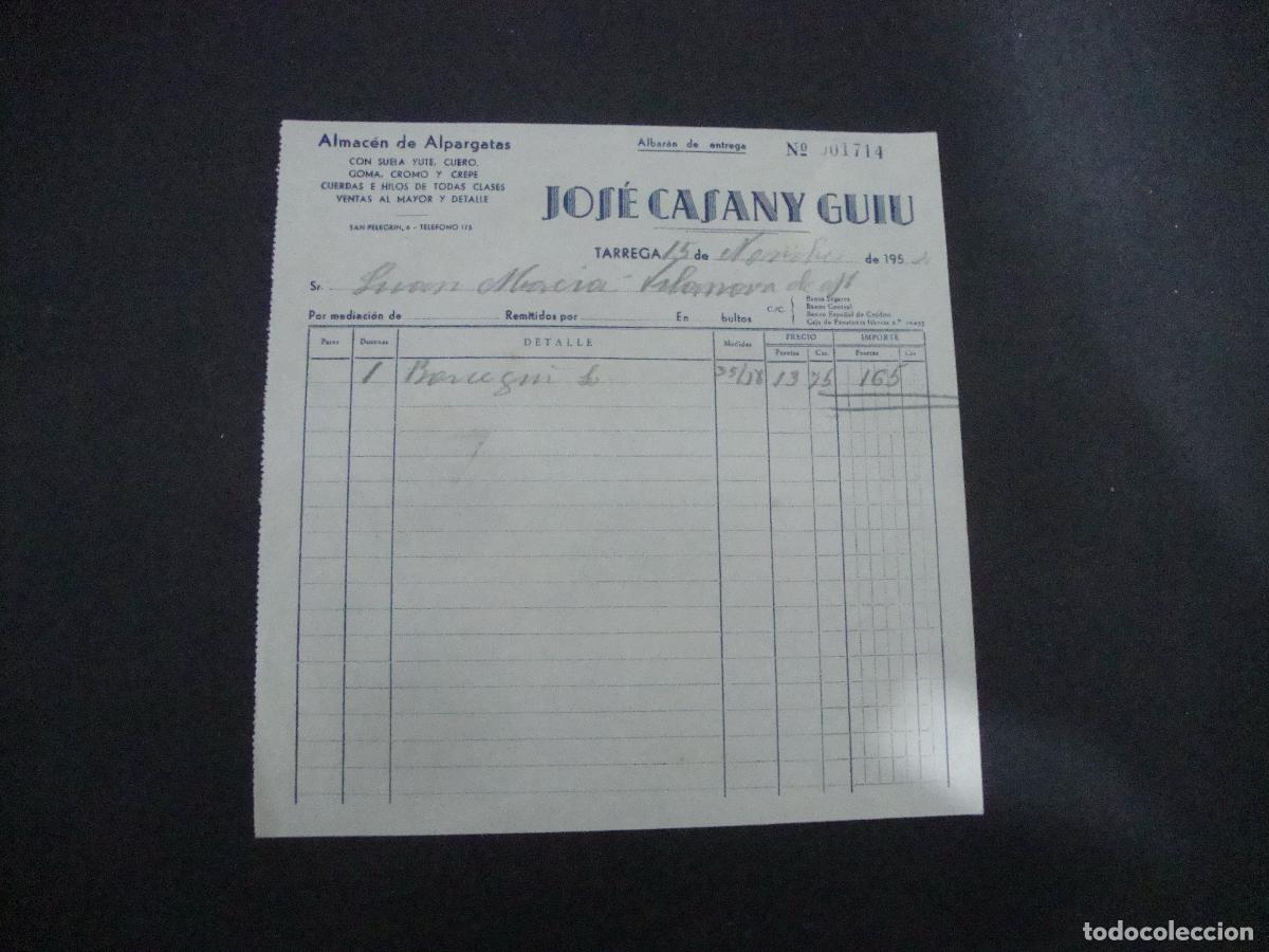 Documentos antiguos: ANTIGUA NOTA DE ENTREGA ALMACEN DE ALPARGATAS JOSE CASANY GUIU TARREGA 1954