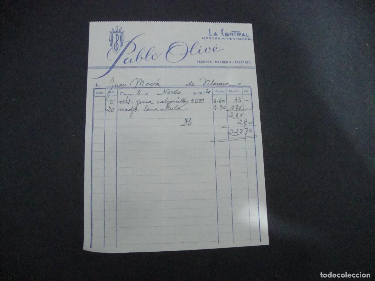 Documentos antiguos: ANTIGUA NOTA DE ENTREGA LA CENTRAL MERCERIA PERFUMERIA PABLO OLIVE TARREGA 1954