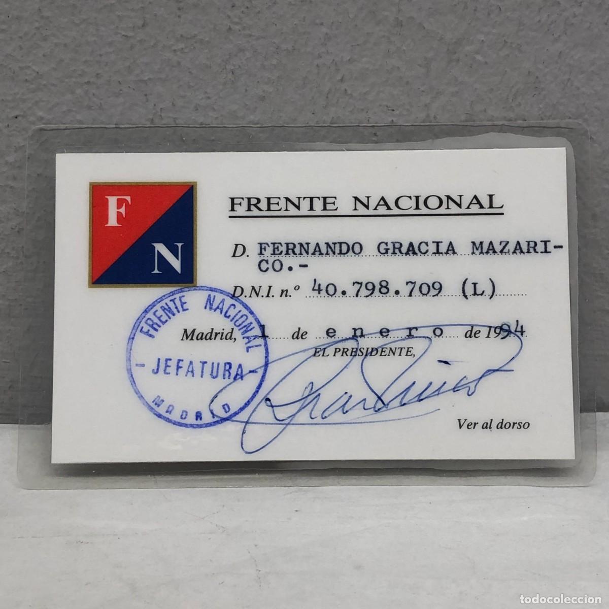 Documentos antiguos: CARNE DE MILITANTE - FRENTE NACIONAL - JEFATURA - MADIRD - 1 DE ENERO DE 1994 / 1315