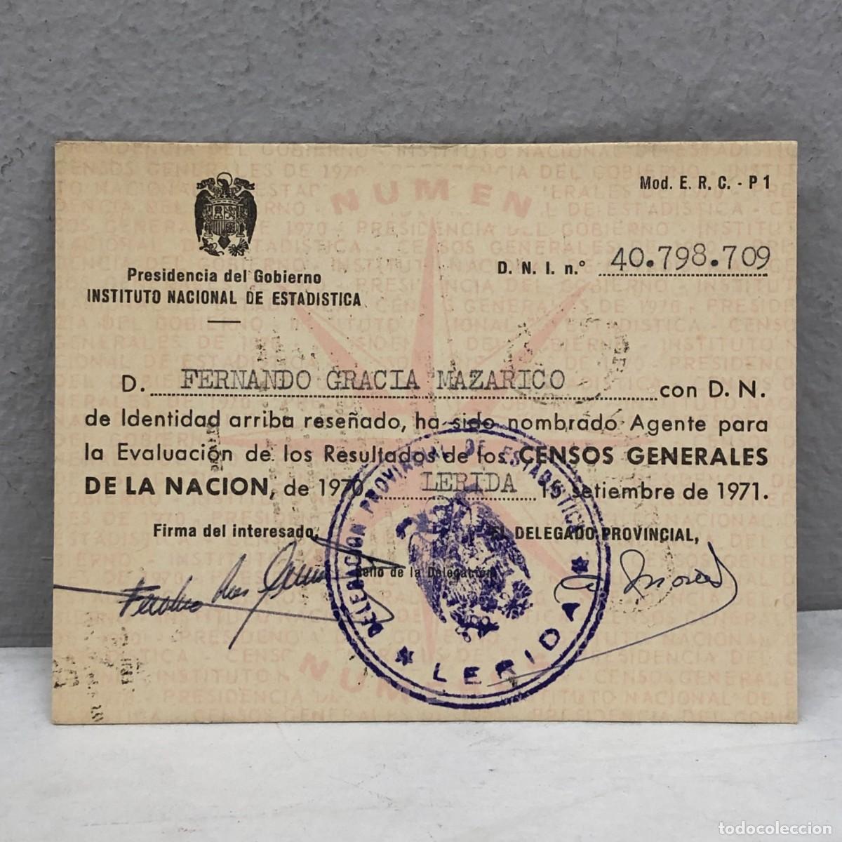 Documentos antiguos: CARNE - INSTITUTO NACIONAL DE ESTADISTICA - CENSOS GENERALES - LERIDA - 15 SEPTIEMBRE 1971 / 1317