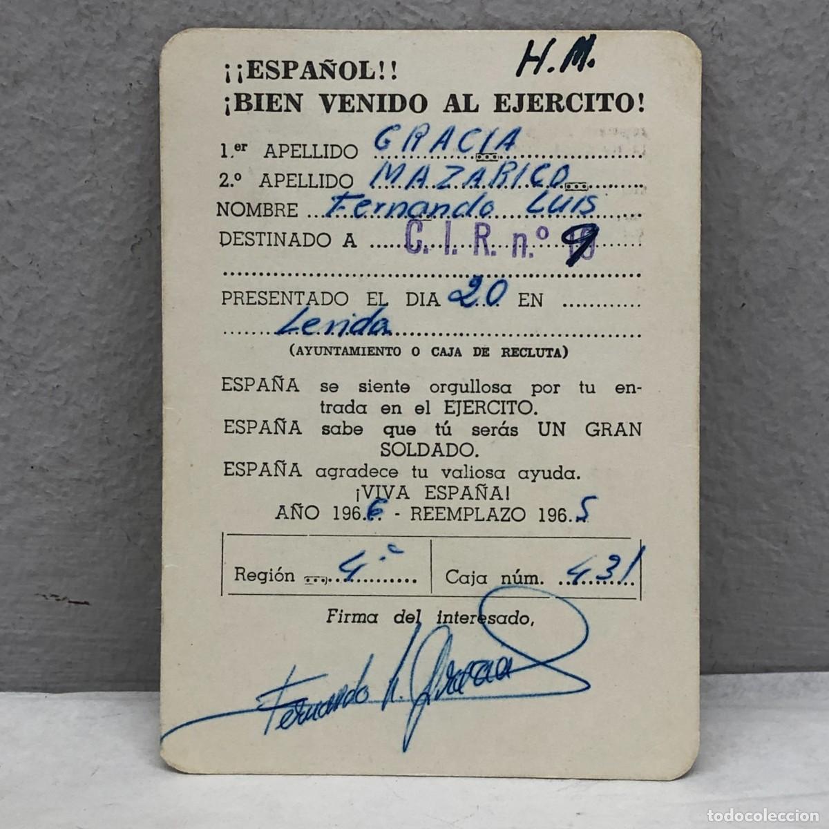 Documentos antiguos: CARNE EJERCITO - FERNANDO LUIS GARCIA MAZARICO - C.I.R. N&ordm; 9 - LERIDA, 1966 / 1318