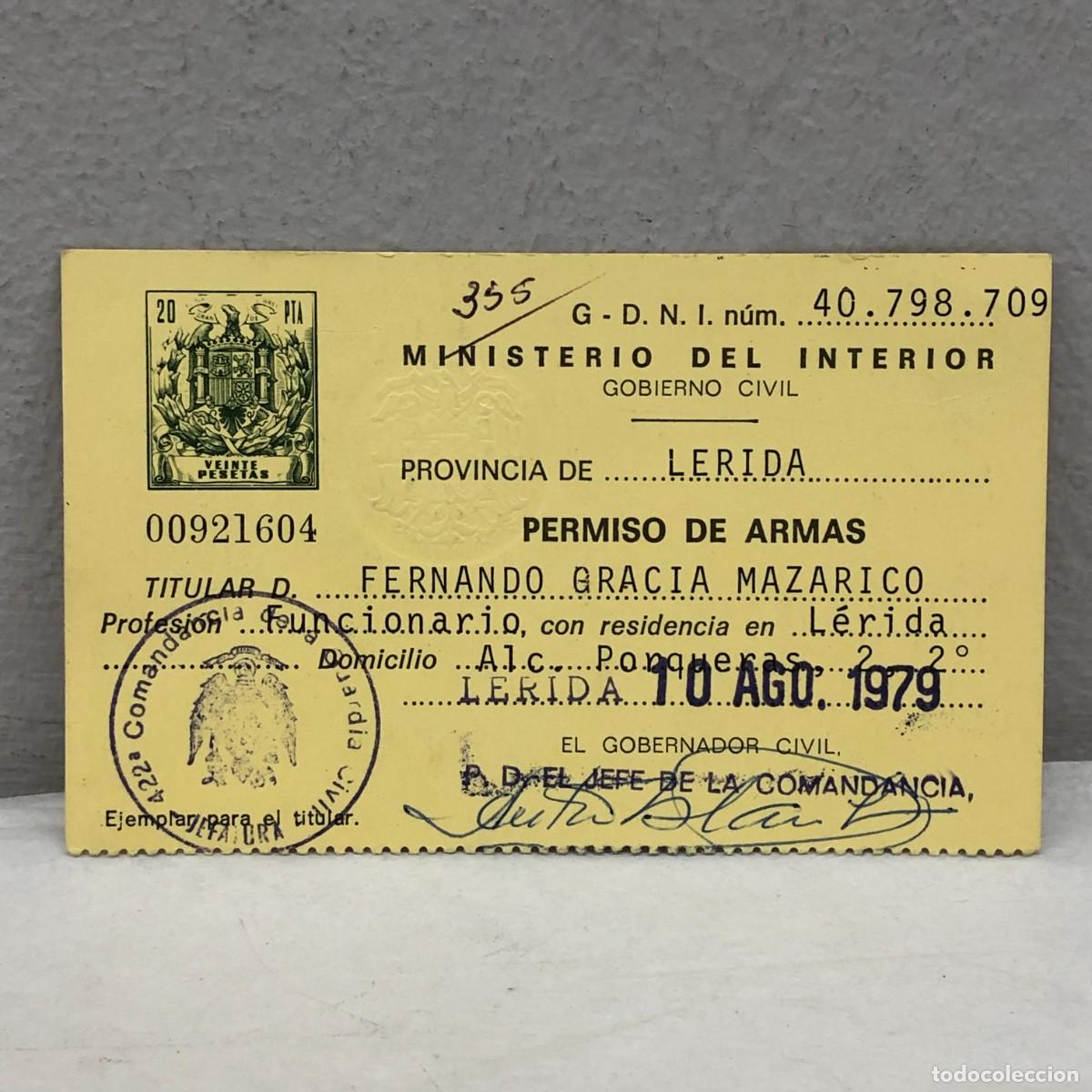 Documentos antiguos: CARNE PERMISO DE ARMAS - MINISTERIO DEL INTERIOR - GOBIERNO CIVIL - LERIDA - 10 AGOSTO 1979 / 1323
