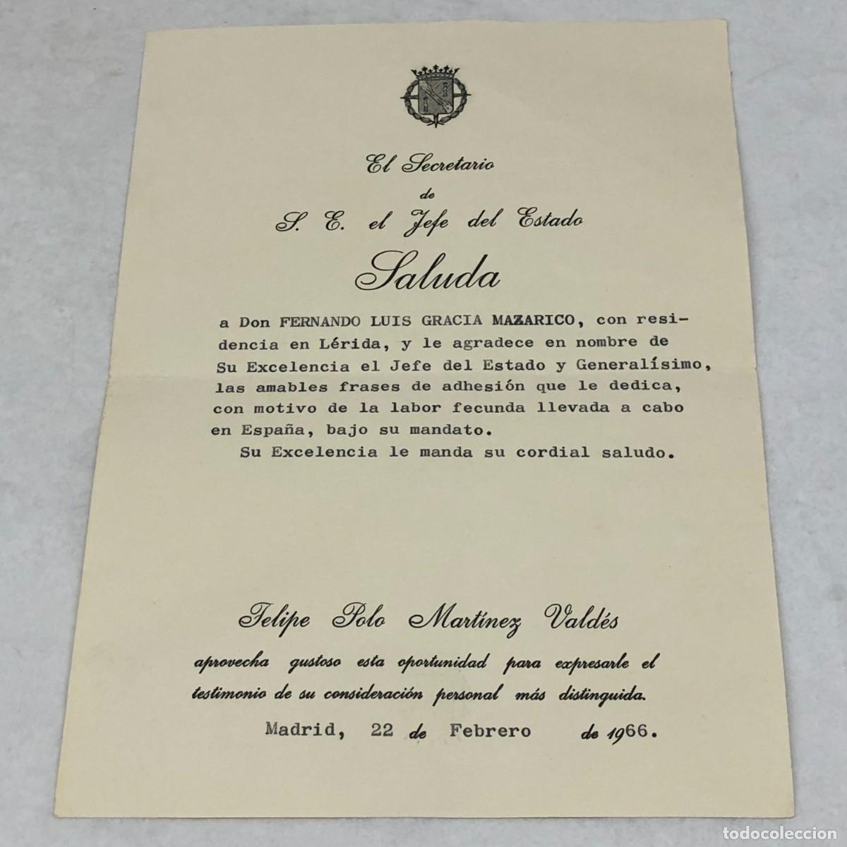 Documentos antiguos: CARTA - SECRETARIO DE S.E. EL JEFE DEL ESTADO A FERNANDO LUIS GARCIA MAZARICO - FEBRERO 1966 / 1338