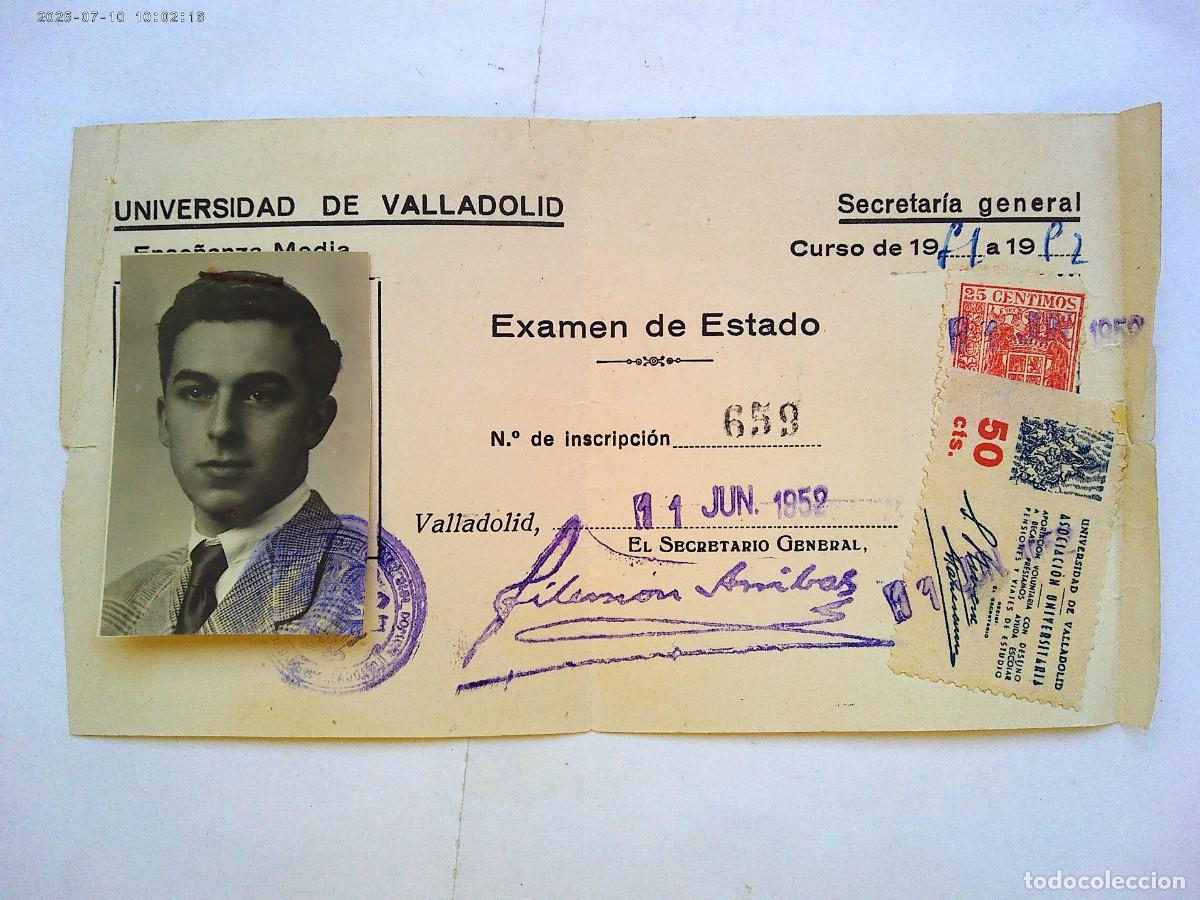 Documentos antiguos: UNIVERSIDAD DE VALLADOLID : CARNET EXAMEN 1952. CON VI&Ntilde;ETA ASOCIACION UNIVERSITARIA