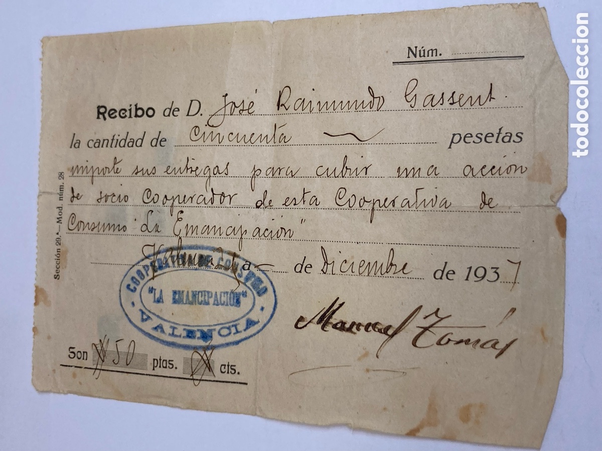 Documentos antiguos: recibo hist&oacute;rico emitido en Valencia en diciembre de 1937.