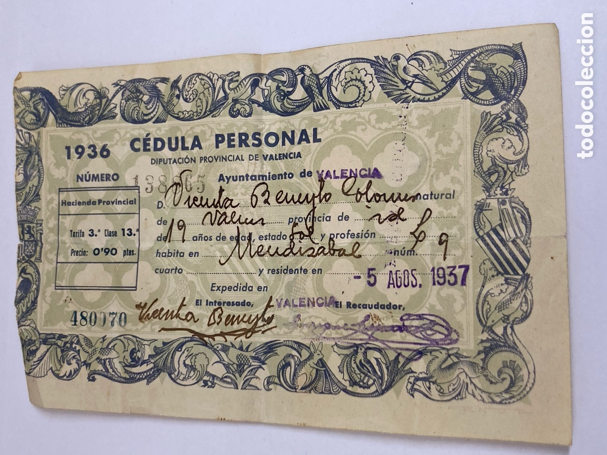 Documentos antiguos: c&eacute;dula personal emitida por la Diputaci&oacute;n Provincial de Valencia en 1936