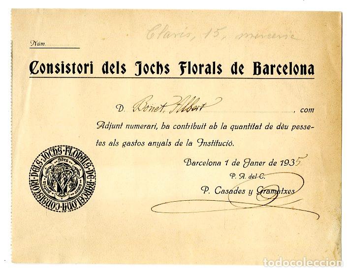 Documentos antiguos: Consistori dels Jochs Florals de Barcelona 1935, Recibo