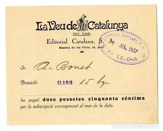 Documentos antiguos: Subscripci&oacute; Diari La Veu de Catalunya 1932