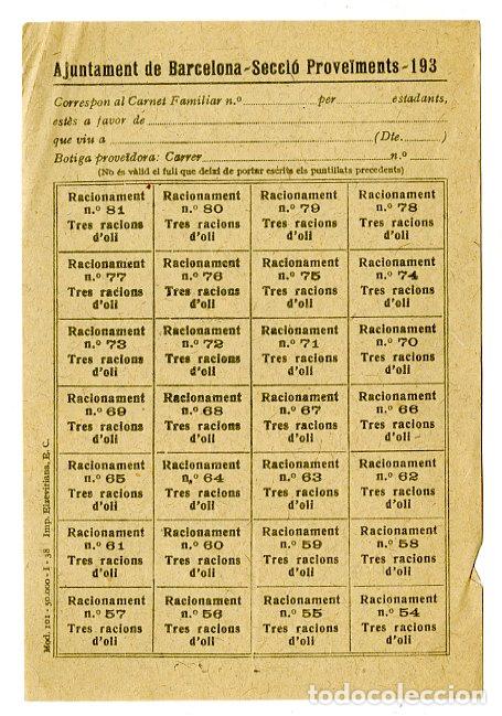 Documentos antiguos: Cupones Racionamento 193.. Tres Racions d'Oli - Guerra Civil