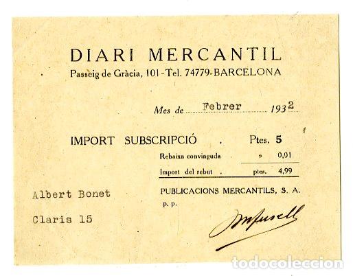 Documentos antiguos: Subscripci&oacute; Diari Mercantil Barcelona 1932