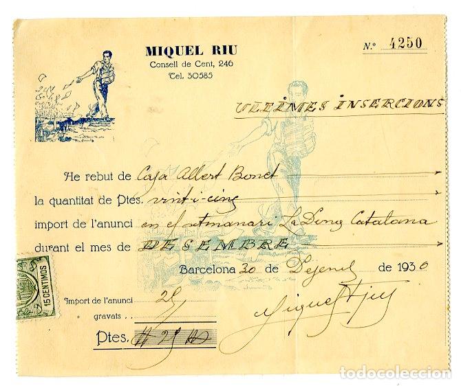 Documentos antiguos: Recibo Miquel Riu 1930 - Ilustraci&oacute;n Joan Junceda