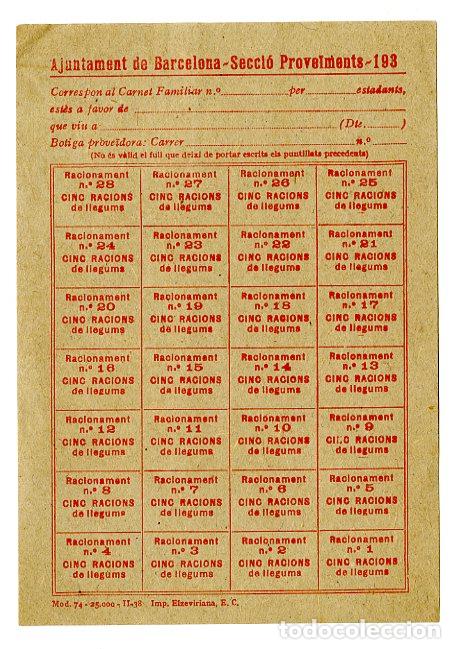 Documentos antiguos: Cupones Racionamento 193.. Cinc Racions de Llegums - Guerra Civil