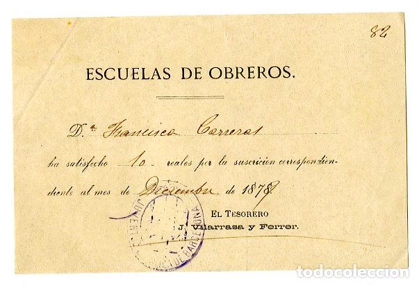 Documentos antiguos: Recibo Escuelas de Obreros 1879 Barcelona