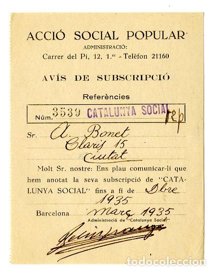 Documentos antiguos: Subscripci&oacute; Acci&oacute; Social Popular 1935 Catalunya Social