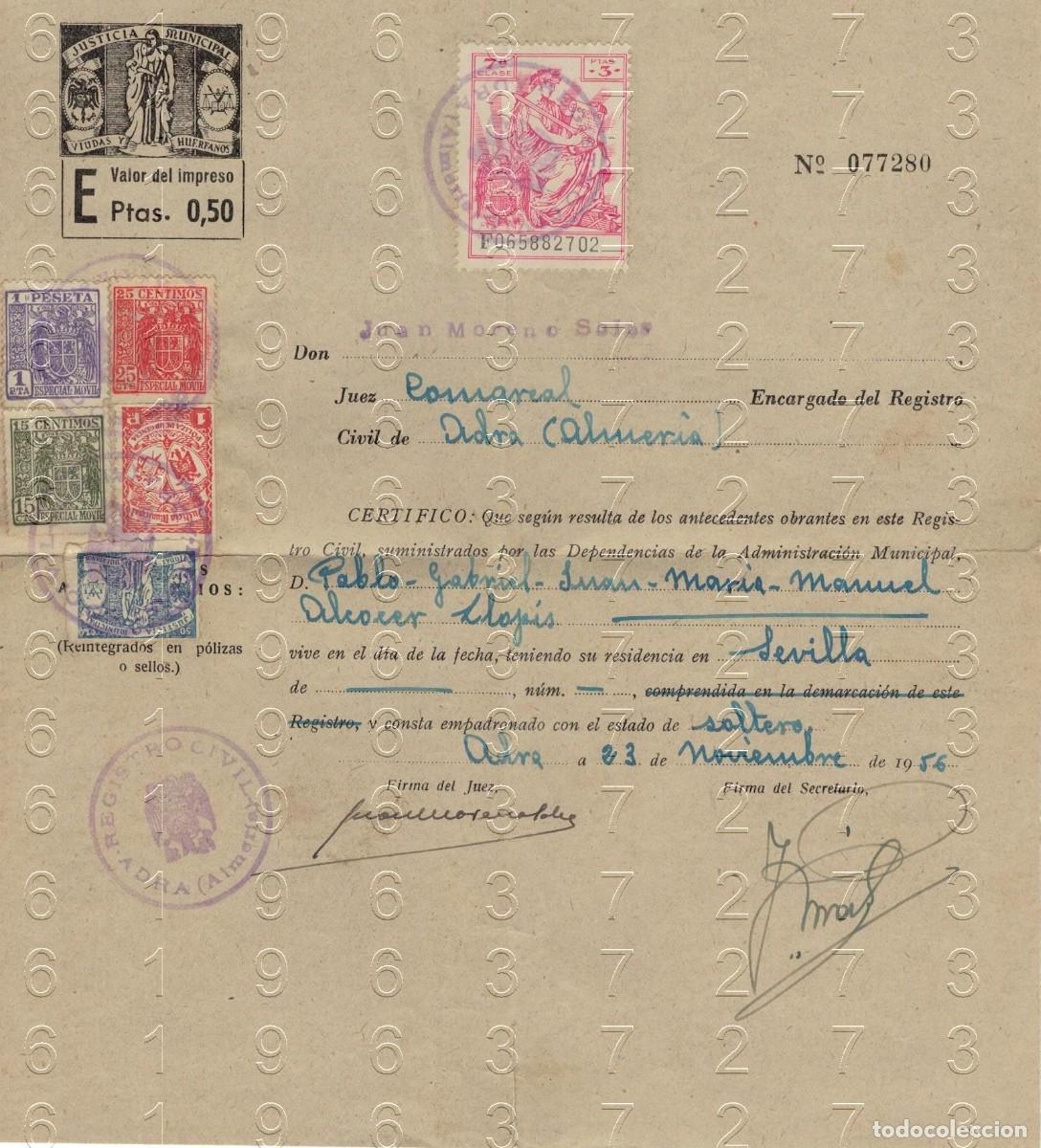 Documentos antiguos: ADRA ALMER&Iacute;A 1956 CERTIFICADO DE EMPADRONAMIENTO M26