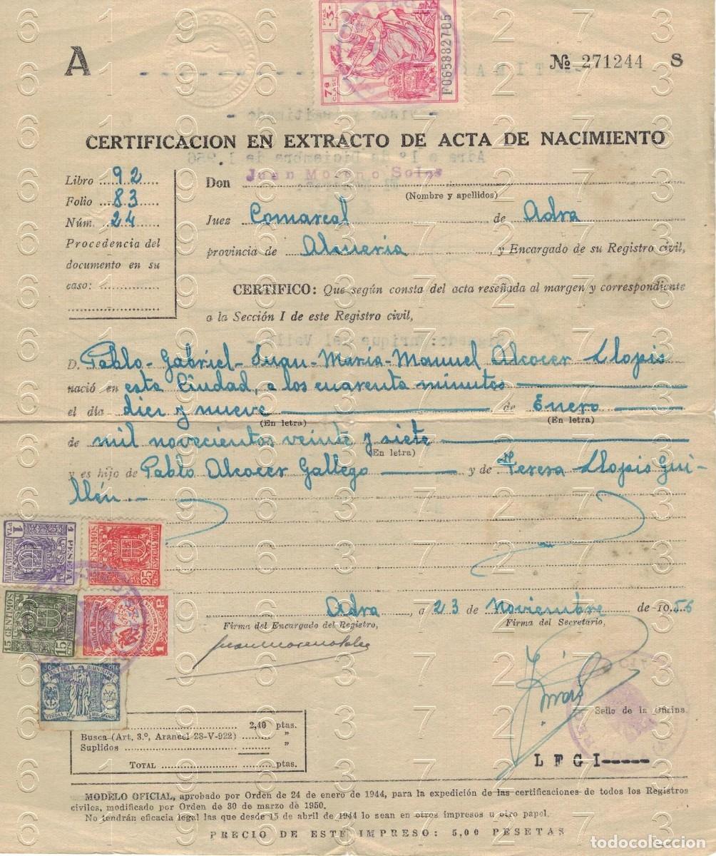 Documentos antiguos: ADRA ALMER&Iacute;A 1956 CERTIFICADO DE NACIMIENTO 1956 M26