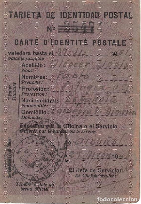 Documentos antiguos: ALBU&Ntilde;OL ADRA ALMER&Iacute;A TARJETA DE IDENTIDAD POSTAL 1948 FOTOGRAFO PABLO ALCOCER LLOPIS M26
