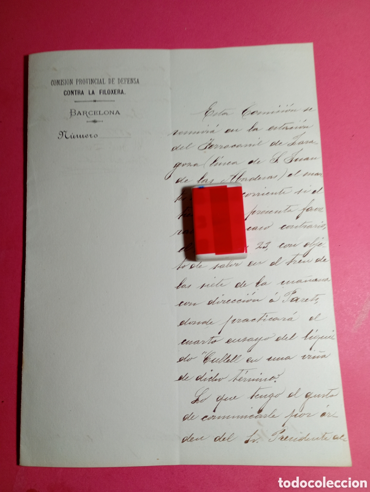 Documentos antiguos: FILOXERA. Carta Oficial Comisi&oacute;n Defensa Barcelona 1887. Ensayo L&iacute;quido Cullell en Parets. Tren.