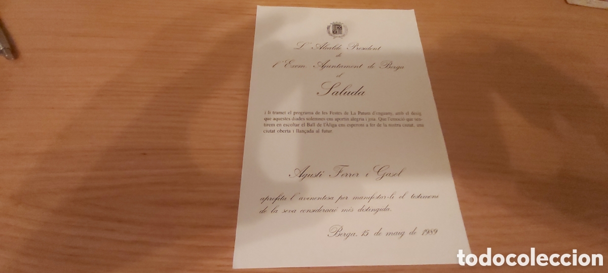 Documentos antiguos: carta alcalde - AGUSTI FERRER I GASOL- la patum - berga - bergueda - 1989