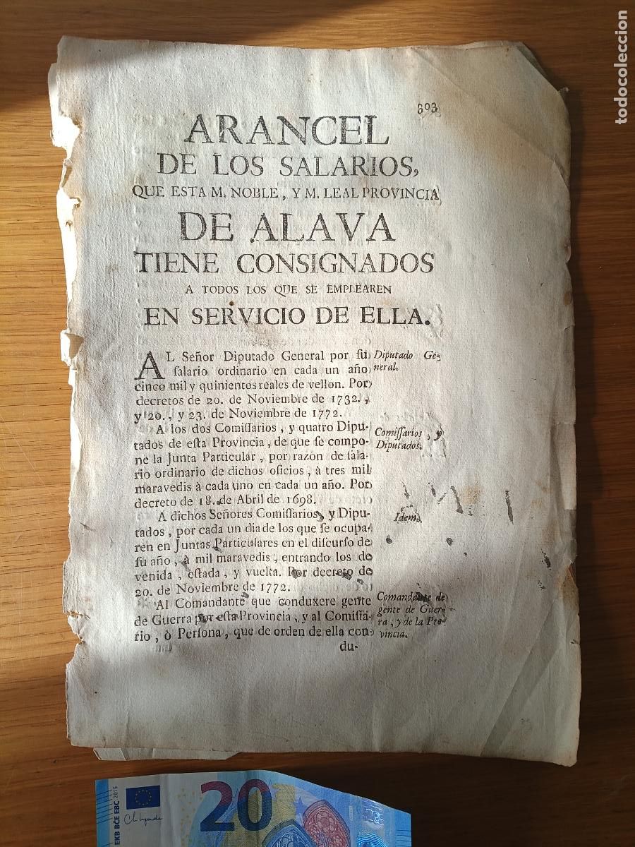 Documentos antiguos: Arancel de los salarios de la provincia de Alava